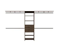 Zamora 69"W - 118"W Closet System with Four Hanging Rods, Three Drawers, and Five Shelves, Dark Walnut