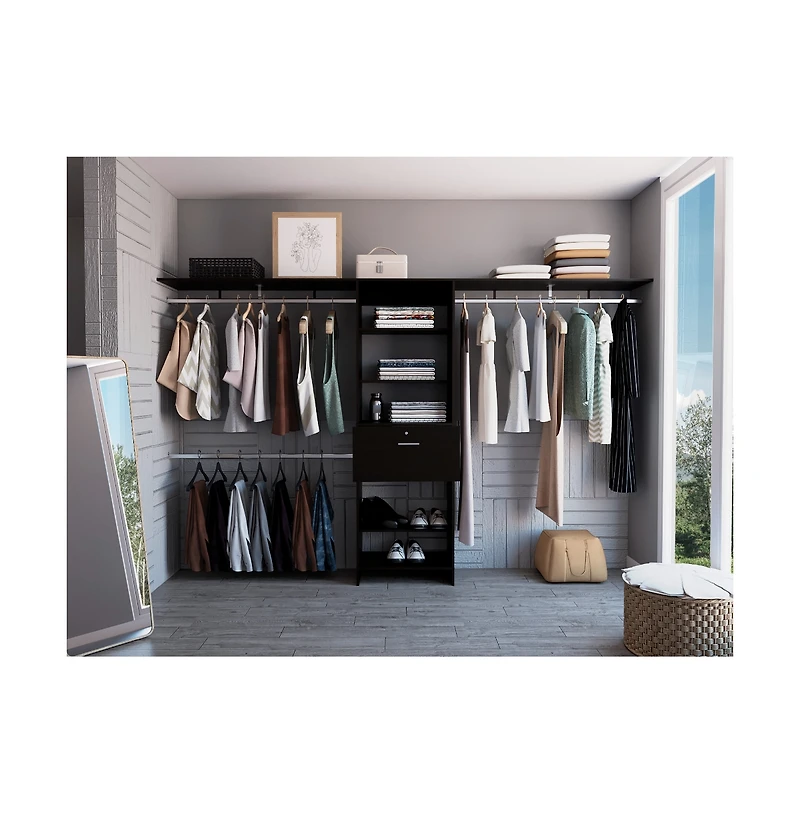 Zamora 70"W - 118"W Closet System, Three Hanging Rods, Five Shelves, One Drawer, Black