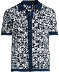 Lands' End Men's Short Sleeve Tile Jacquard Button Down Sweater Polo