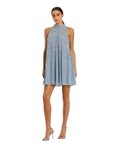 Mac Duggal Women's High Neck Sleeveless Sequin Embellished Trapeze A-line Dress