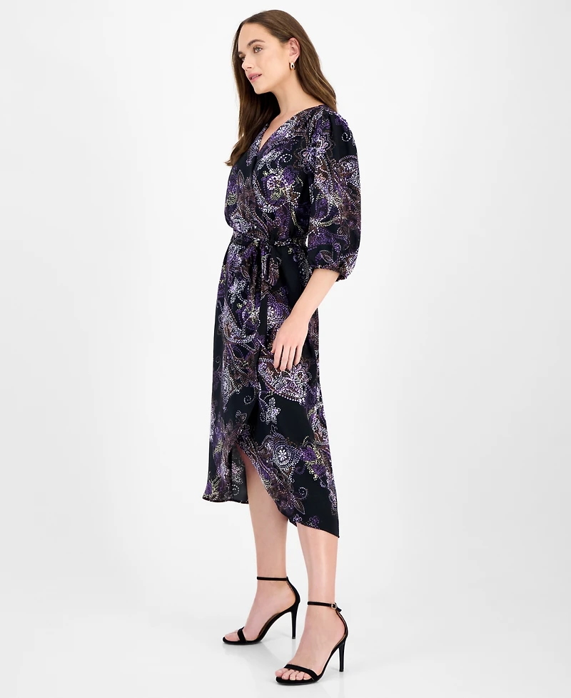 Connected Women's 3/4-Sleeve Faux-Wrap Midi Dress