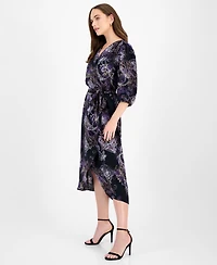 Connected Women's 3/4-Sleeve Faux-Wrap Midi Dress