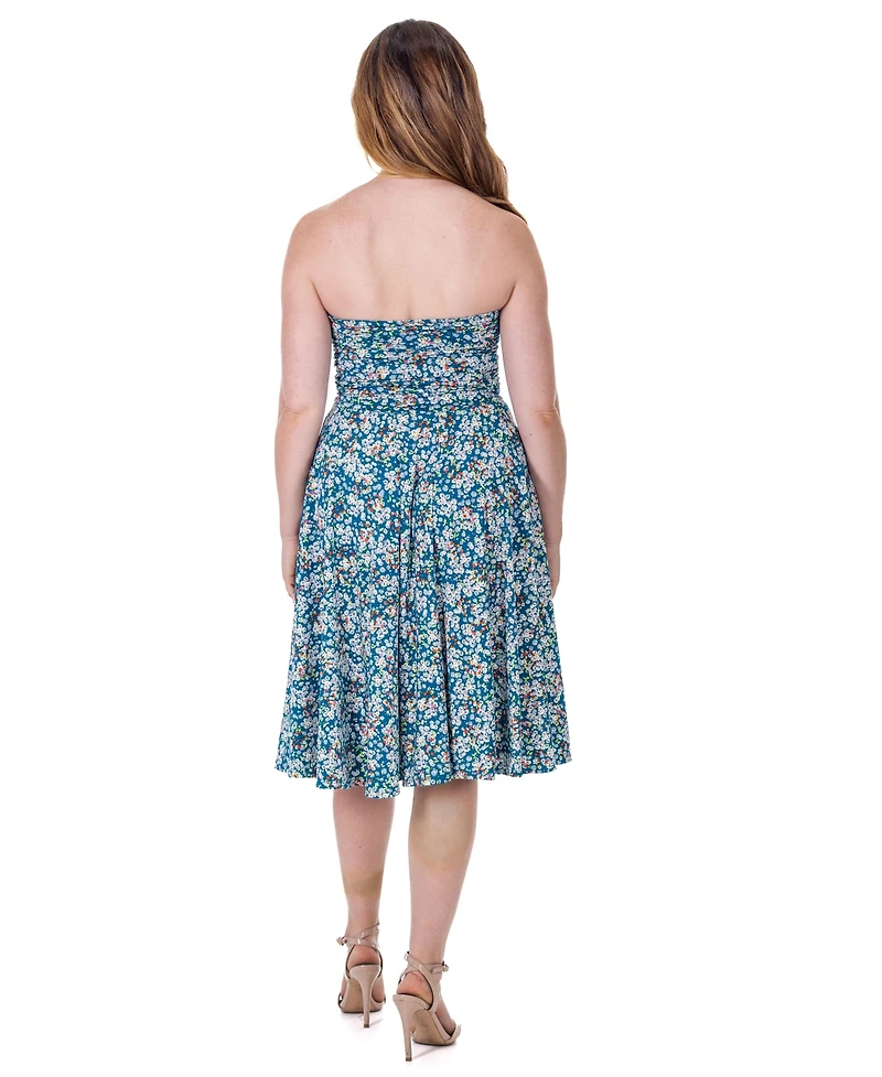 24seven Comfort Apparel Petite Teal Floral Strapless Tube Top Flowy Knee Length Dress