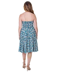 24seven Comfort Apparel Petite Teal Floral Strapless Tube Top Flowy Knee Length Dress