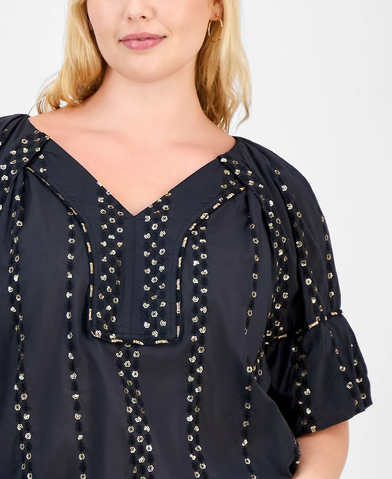 Democracy Trendy Plus Cotton Floral-Trim Bubble-Sleeve Blouse