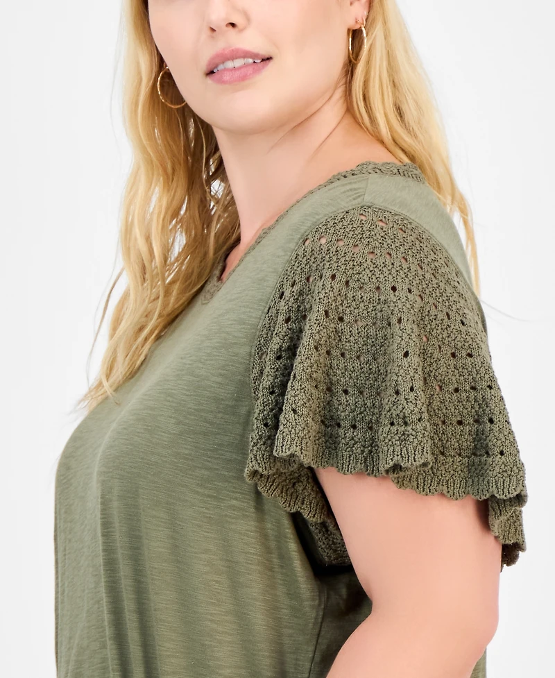 Democracy Trendy Plus Crochet Flutter-Sleeve Top