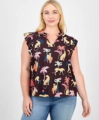 Democracy Trendy Plus Printed Split-Neck Flutter-Sleeve Top