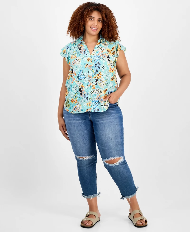 Democracy Trendy Plus Printed Flutter-Sleeve Top
