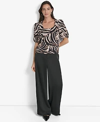 Dkny Women's Printed Satin Puff-Sleeve Zipper Top