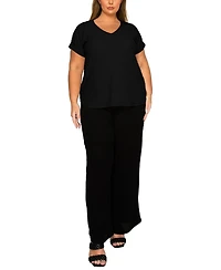 Coin 1804 Plus Eyelet Jersey V Neck Rolled Sleeve Top