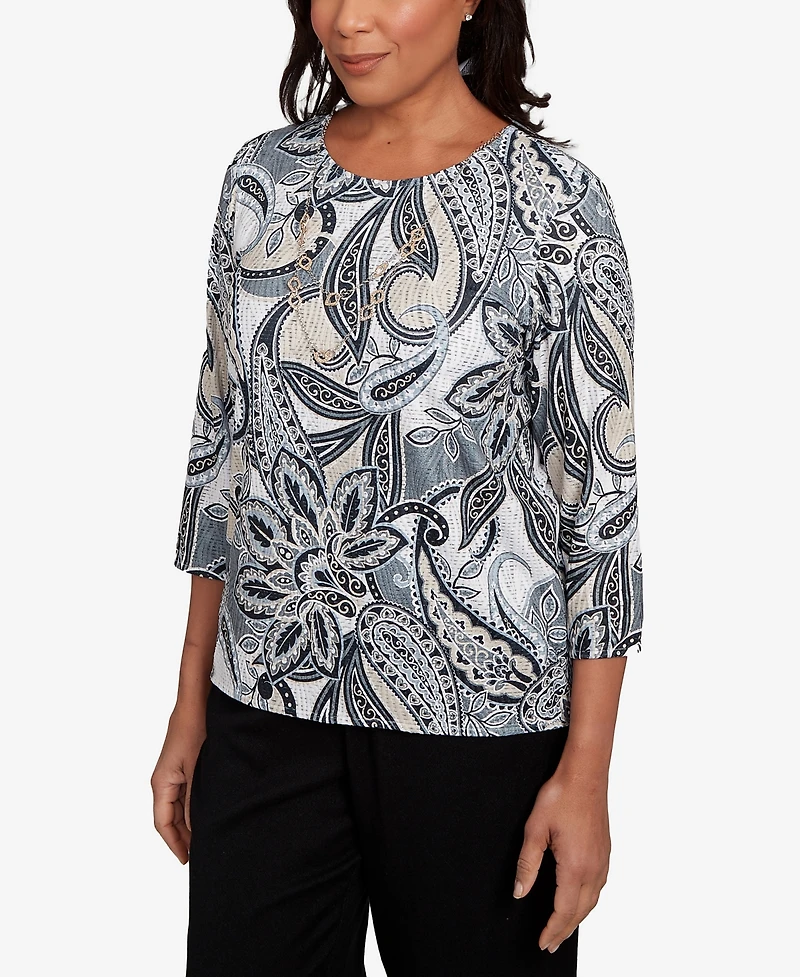 Alfred Dunner Women's Santa Barbara Reversible Paisley Crew Neck Top with Necklace