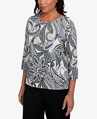Alfred Dunner Women's Santa Barbara Reversible Paisley Crew Neck Top with Necklace