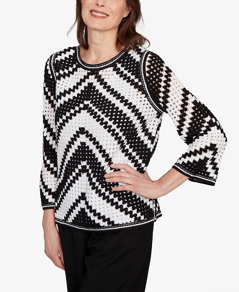 Alfred Dunner Women's Santa Barbara Chevron Crochet Bell Sleeve Top