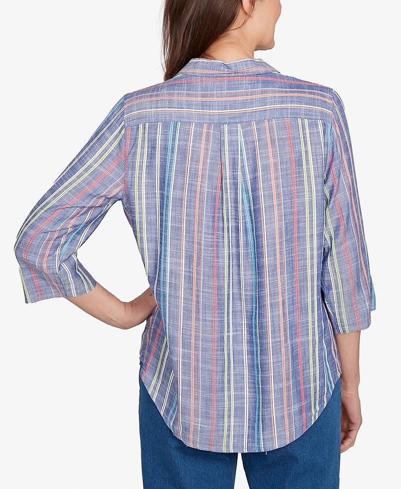 Alfred Dunner Women's El Paso Textured Multi Stripe Collared Top