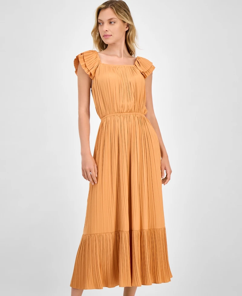 T Tahari Women's Flutter-Sleeve Elastic-Waist Tiered Midi Dress