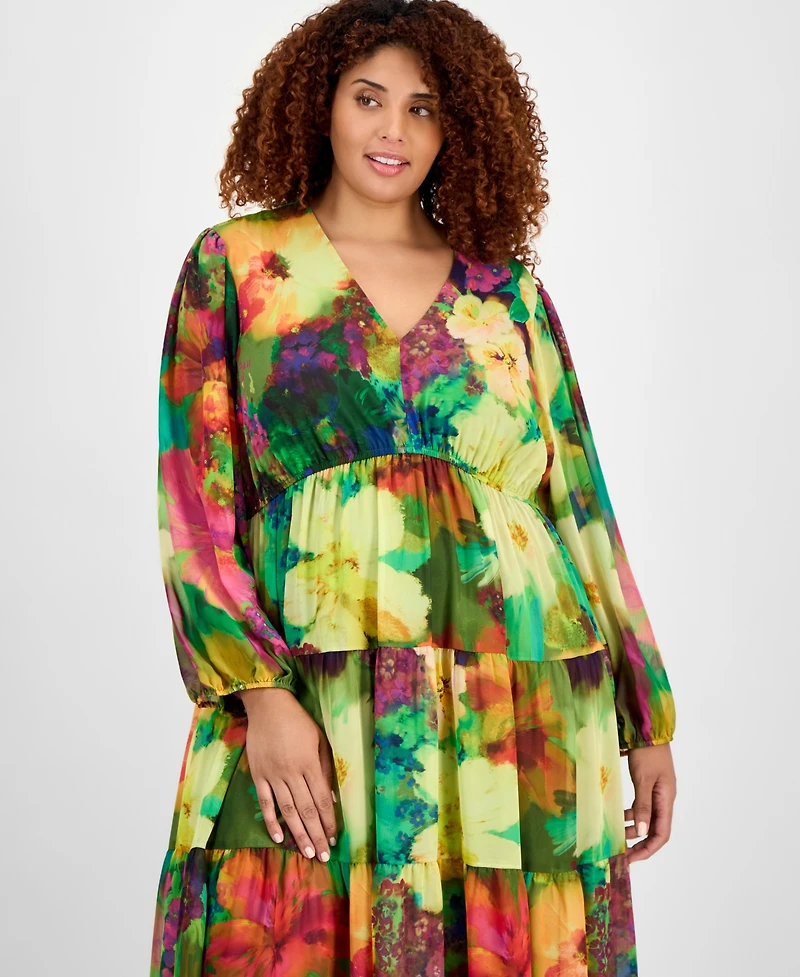 Robbie Bee Plus Size V-Neck Tiered Maxi Dress