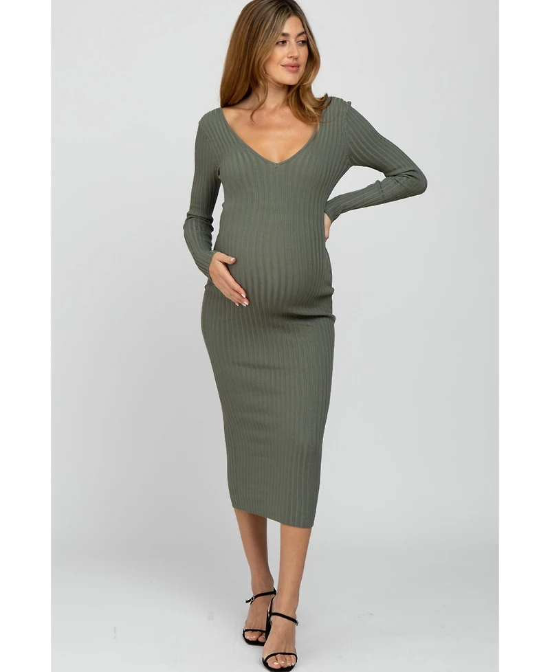 Pinkblush Maternity Light Olive V-Neck Long Sleeve Fitted Maxi Dress