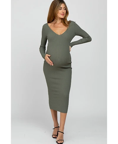 Pinkblush Maternity Light Olive V-Neck Long Sleeve Fitted Maxi Dress