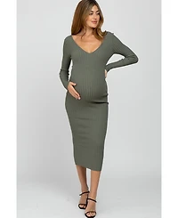Pinkblush Maternity Light Olive V-Neck Long Sleeve Fitted Maxi Dress