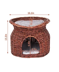 Bingopaw 2-Tier Elevated Cat Bed Wicker Ratten Cat Basket Cave W/ Soft Cushion