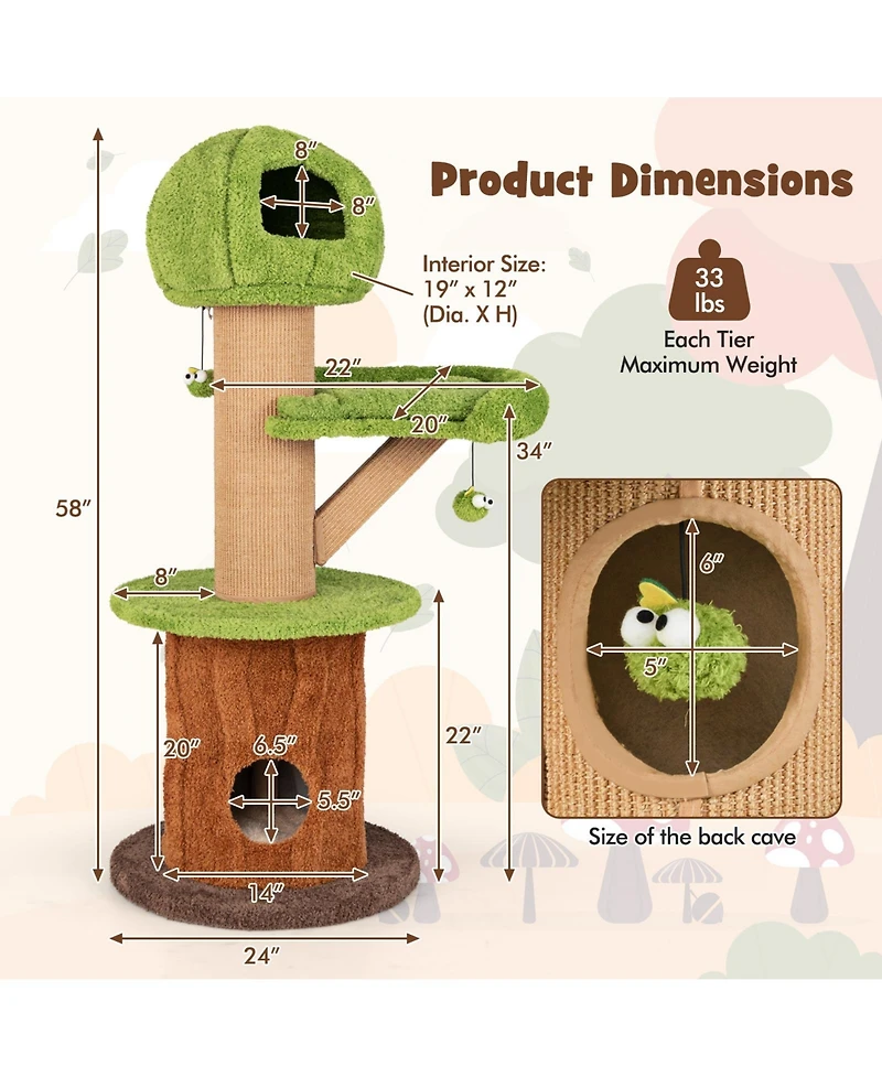 Slickblue Mushroom Cat Tree for Indoor Cats with 2 Cute Condos Plush Perch and Teasing Balls