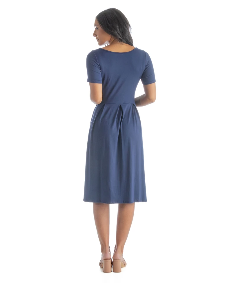 24seven Comfort Apparel Petite Midi Dress with Short Sleeves and Pocket Detail