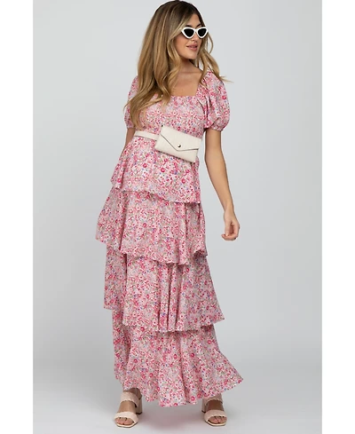 Pinkblush Maternity Pink Floral Square Neck Ruffle Layered Maxi Dress