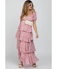 Pinkblush Maternity Pink Floral Square Neck Ruffle Layered Maxi Dress