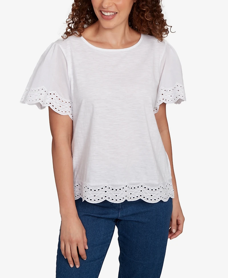 Ruby Rd. Petite Embroidered Sleeve Solid T-Shirt