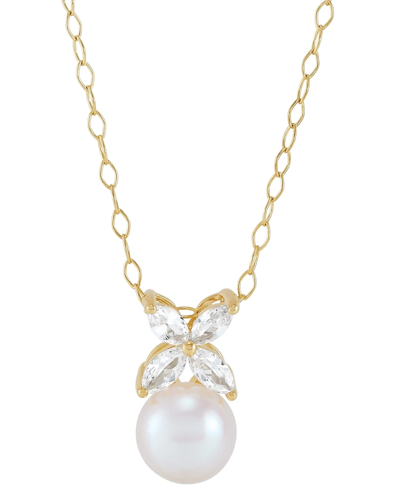Cultured Freshwater Pearl (8mm) & Lab Grown White Sapphire (3/4 ct. t.w.) Flower Pendant Necklace in 14k Gold-Plated Sterling Silver, 16" + 2" extende