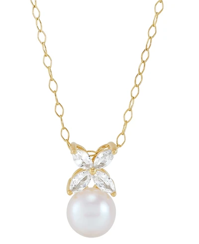 Cultured Freshwater Pearl (8mm) & Lab Grown White Sapphire (3/4 ct. t.w.) Flower Pendant Necklace in 14k Gold-Plated Sterling Silver, 16" + 2" extende