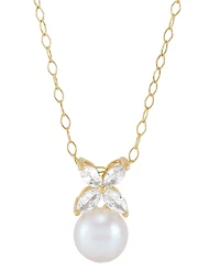 Cultured Freshwater Pearl (8mm) & Lab Grown White Sapphire (3/4 ct. t.w.) Flower Pendant Necklace in 14k Gold-Plated Sterling Silver, 16" + 2" extende