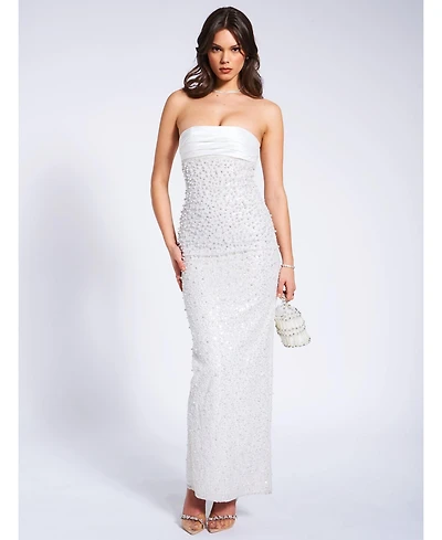 Miss Circle Women's Lainey White Satin Sequin Pearls Beaded Maxi Dress