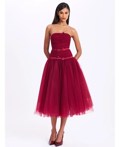Miss Circle Women's Mabel Burgundy Drop Waist Layered Mesh Midi Puffy Dress with Bow