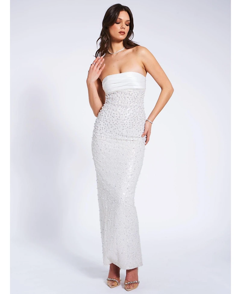 Miss Circle Women's Lainey White Satin Sequin Pearls Beaded Maxi Dress