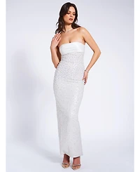 Miss Circle Women's Lainey White Satin Sequin Pearls Beaded Maxi Dress