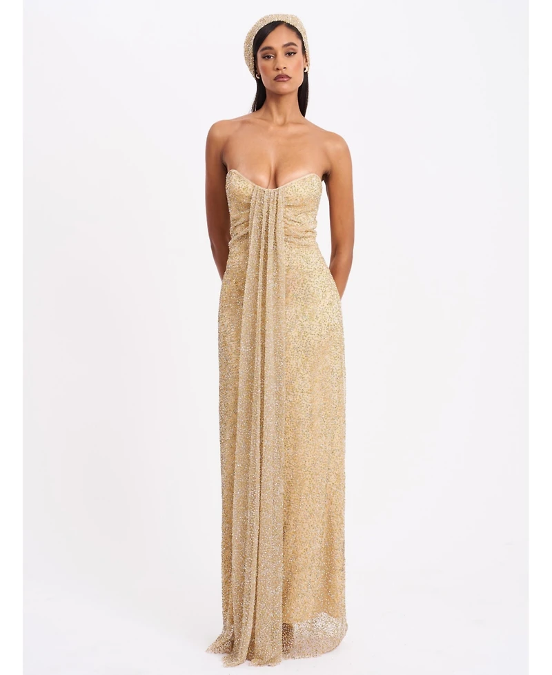 Miss Circle Women's Ada Gold Rhinestone Embellished Strapless Gown with Head Scarf
