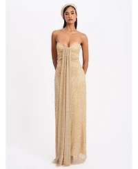 Miss Circle Women's Ada Gold Rhinestone Embellished Strapless Gown with Head Scarf