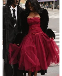 Miss Circle Women's Mabel Burgundy Drop Waist Layered Mesh Midi Puffy Dress with Bow