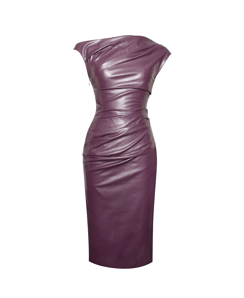 Miss Circle Women's Sabina Purple Leather Slash Neck Midi Dress