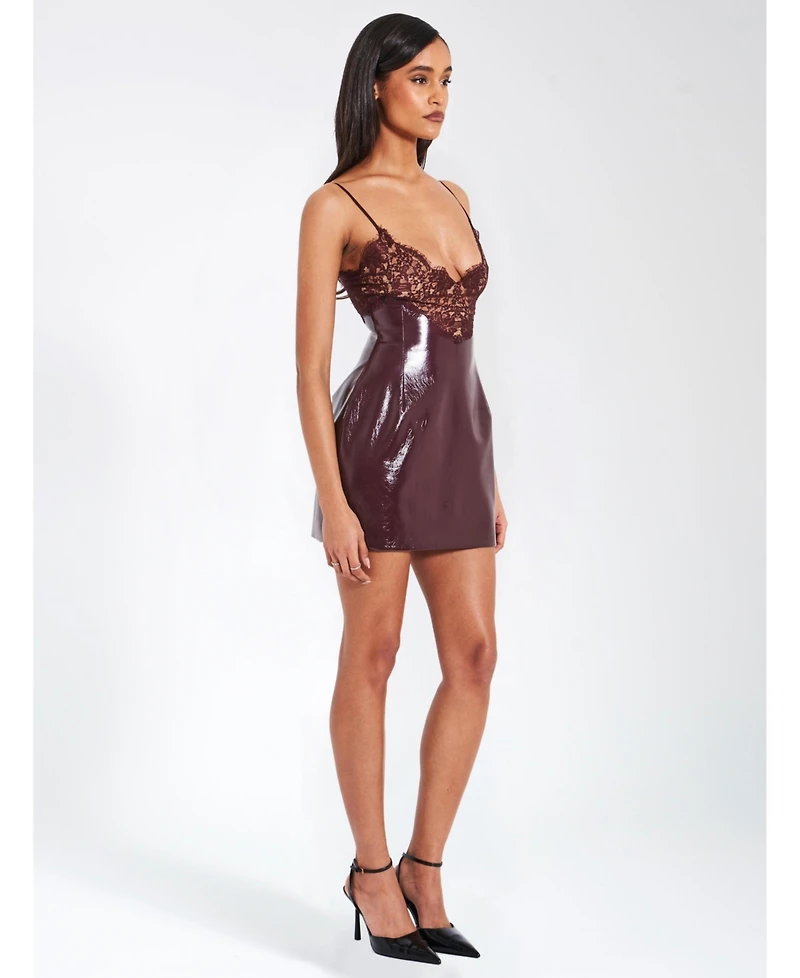 Miss Circle Women's Shelby Dark Brown Faux Leather with Lace Mini Dress