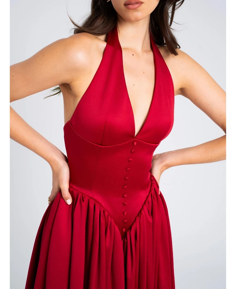 Miss Circle Women's Cara Red Plunging Halter Backless Maxi Dress
