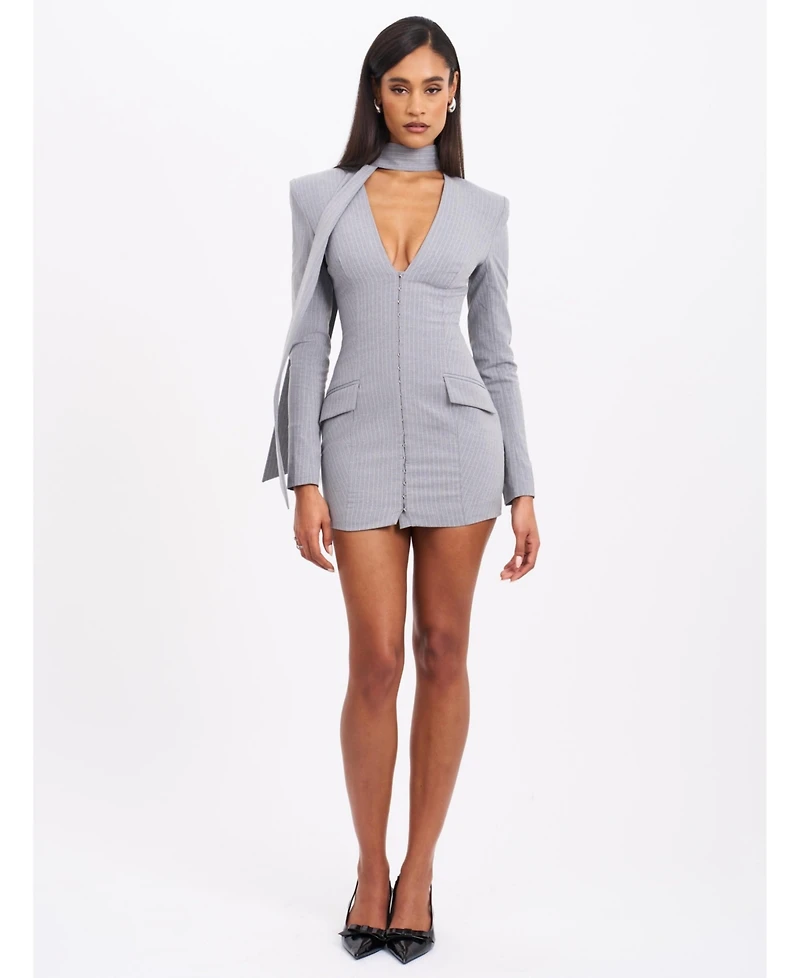 Miss Circle Women's Tahlia Deep V Pinstripes Gray Blazer Dress with scarf collar