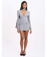 Miss Circle Women's Tahlia Deep V Pinstripes Gray Blazer Dress with scarf collar