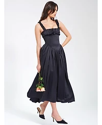 Miss Circle Women's Noreen Black Satin Drop Waist Maxi Sundress