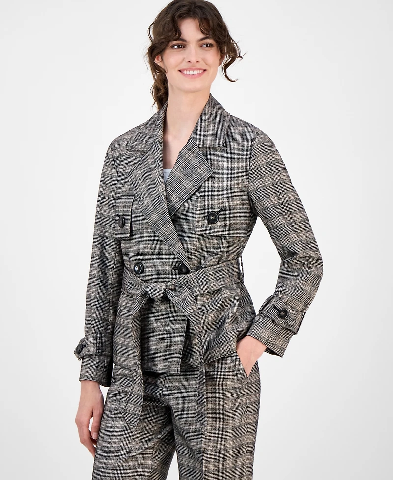 Anne Klein Women's Plaid Belted Button-Front Trench Jacket