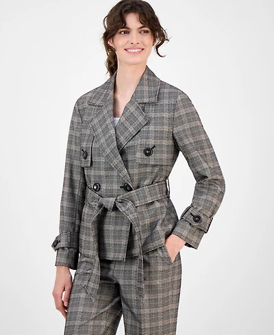 Anne Klein Women's Plaid Belted Button-Front Trench Jacket