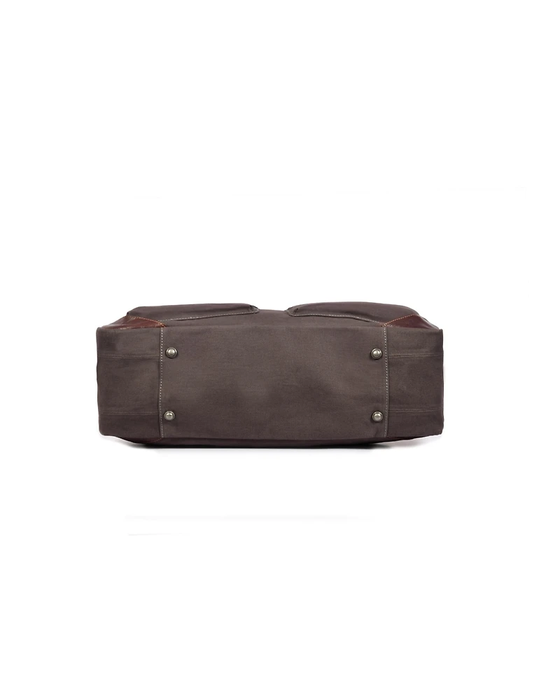 Aaron Leather Goods Canvas and Leather Laptop Briefcase with Dual Front Pockets, Full-Zip Closure, Adjustable Shoulder Strap, Metal Feet, and Padded L