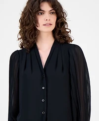 Anne Klein Women's Printed Pleated-Sleeve Chiffon Button-Front Top
