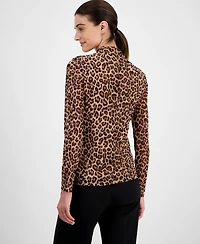 Anne Klein Women's Printed Mesh Mock Neck Long-Sleeve Top
